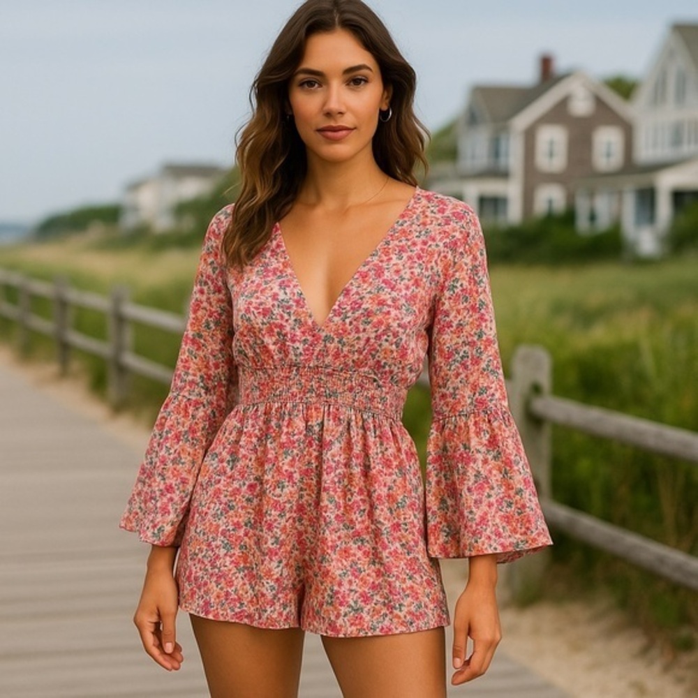 Floral Romper Long Sleeve Smocked Waist Playsuit Coastal Cottagecore NWT S #1268